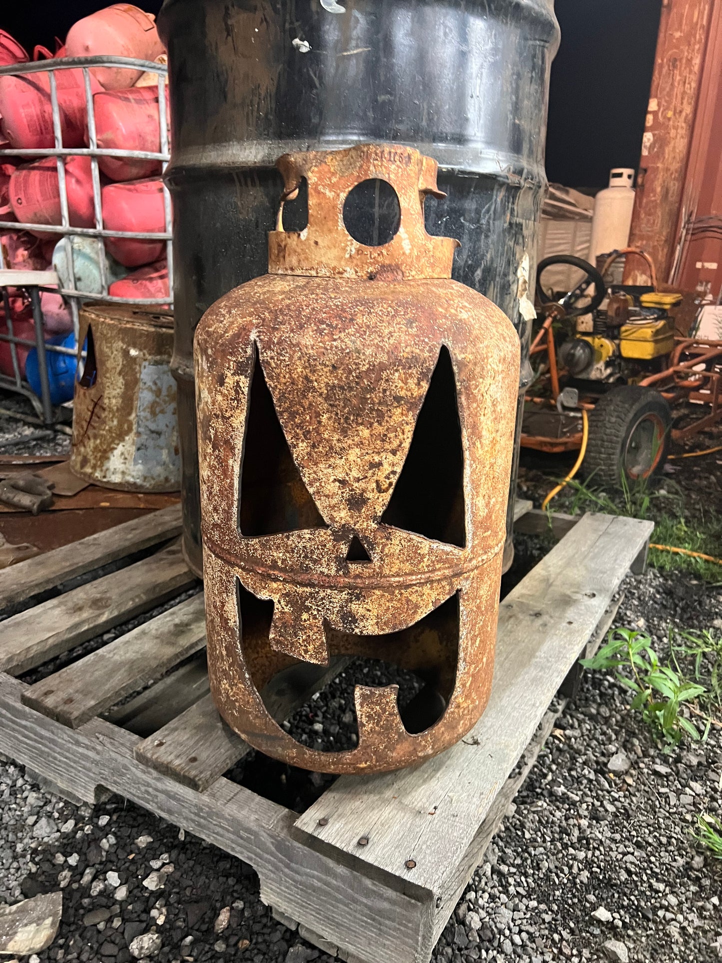 Hand cut large 30lb propane Jack-o-lantern can