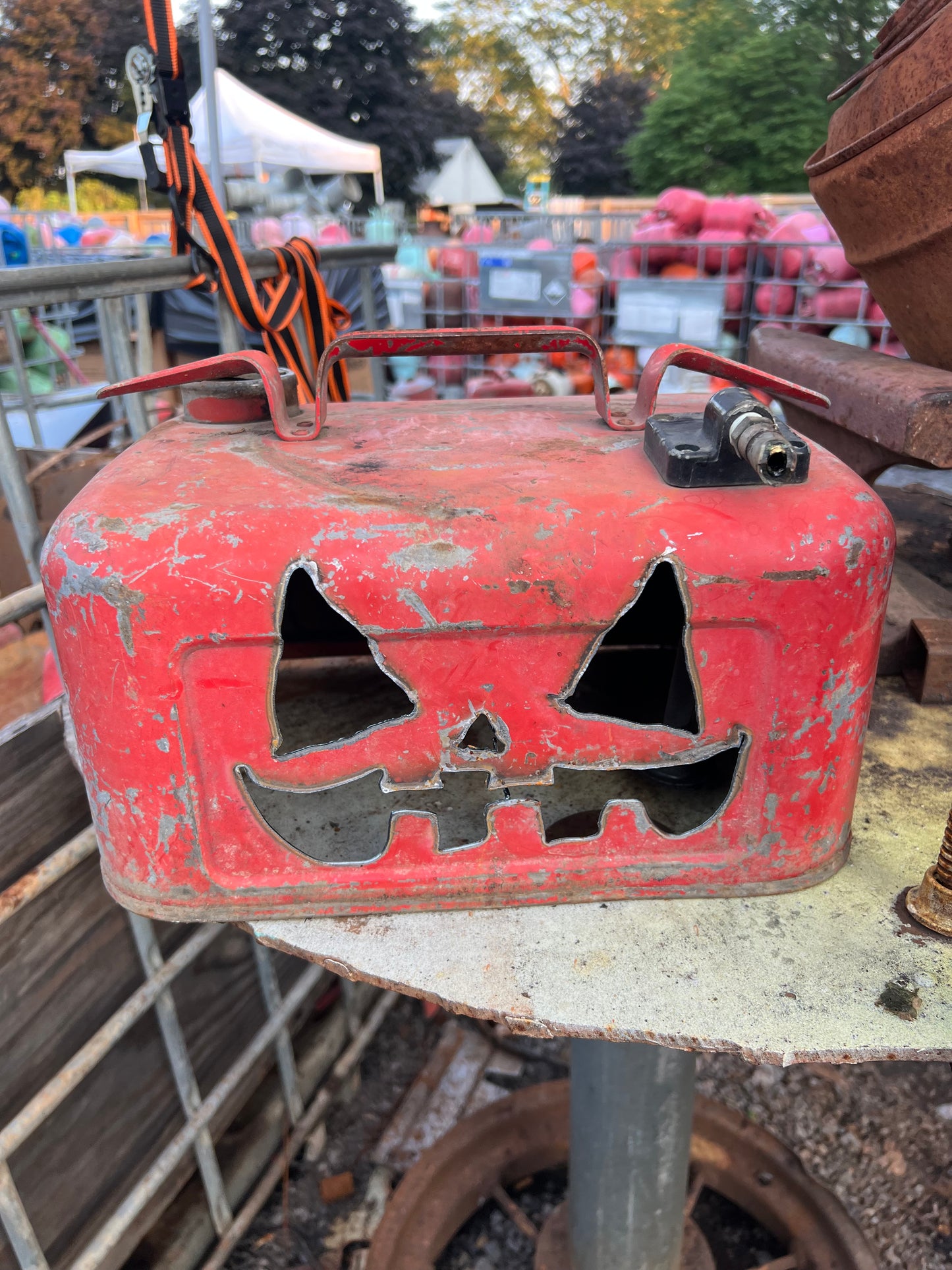 Vintage gas can jack-o-lantern boat tank