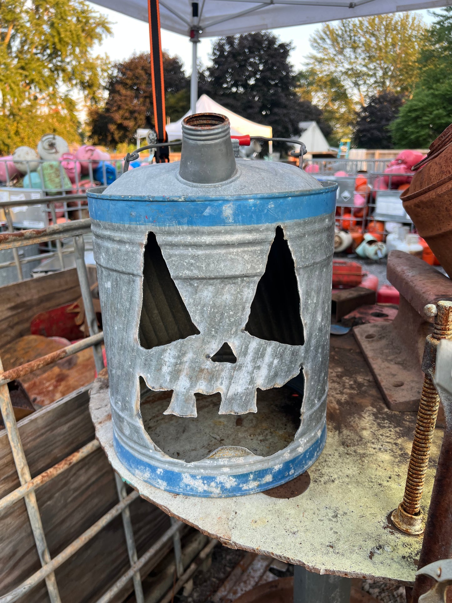 Vintage gas can silver happy Jack Jack-o-lantern