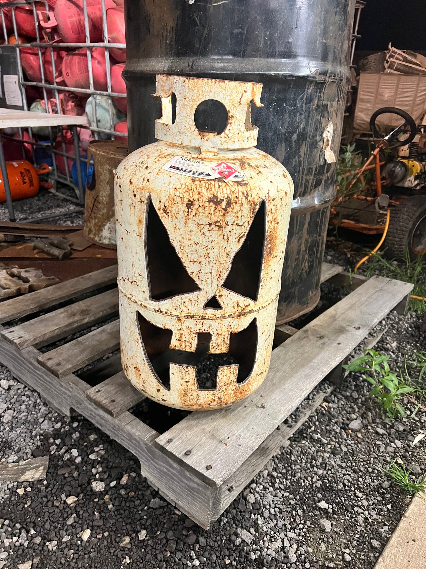 Hand cut large 30 lb propane Jack-o-lantern