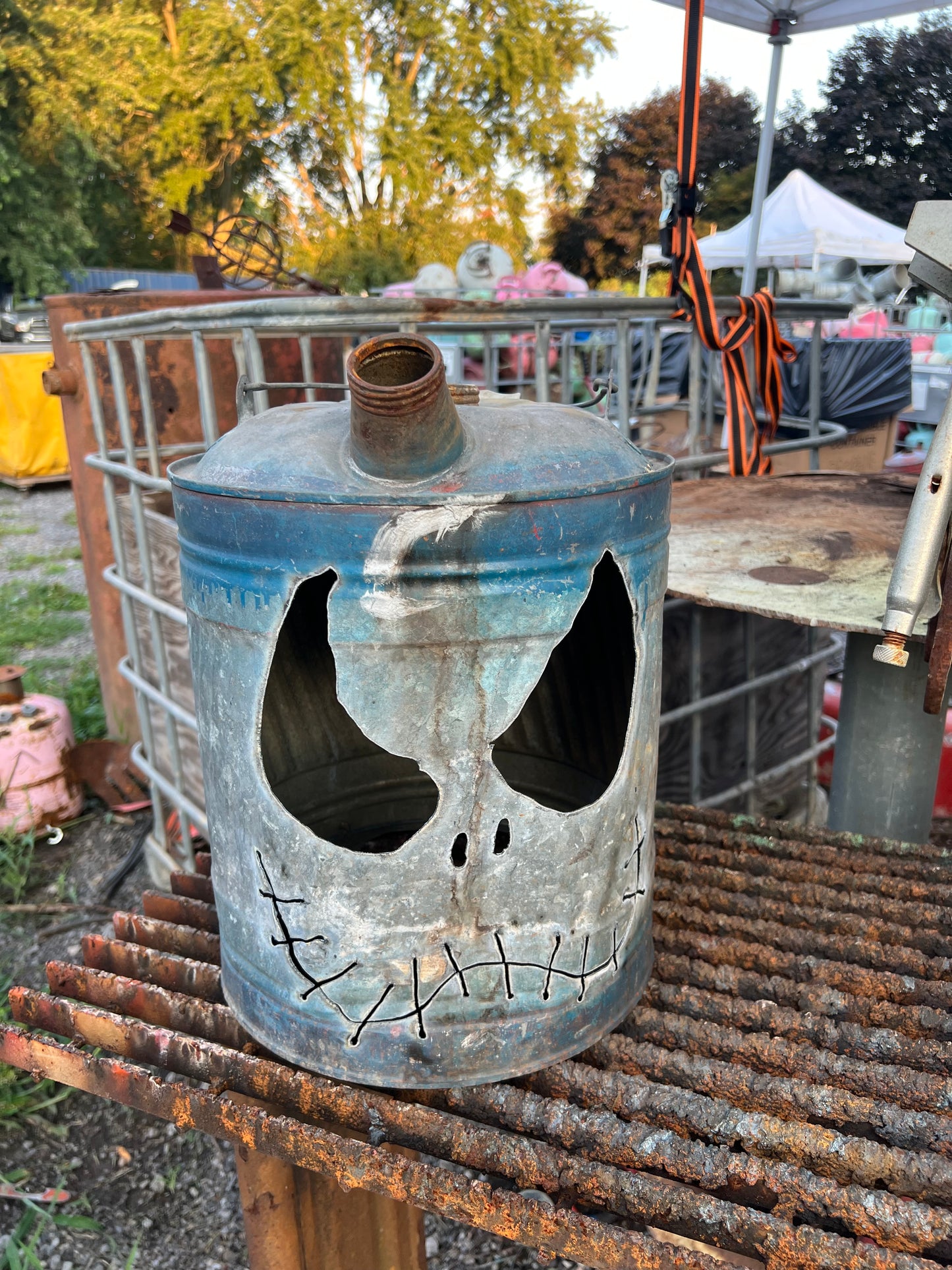 Vintage gas can silver jack-o-lantern Jack skeleton