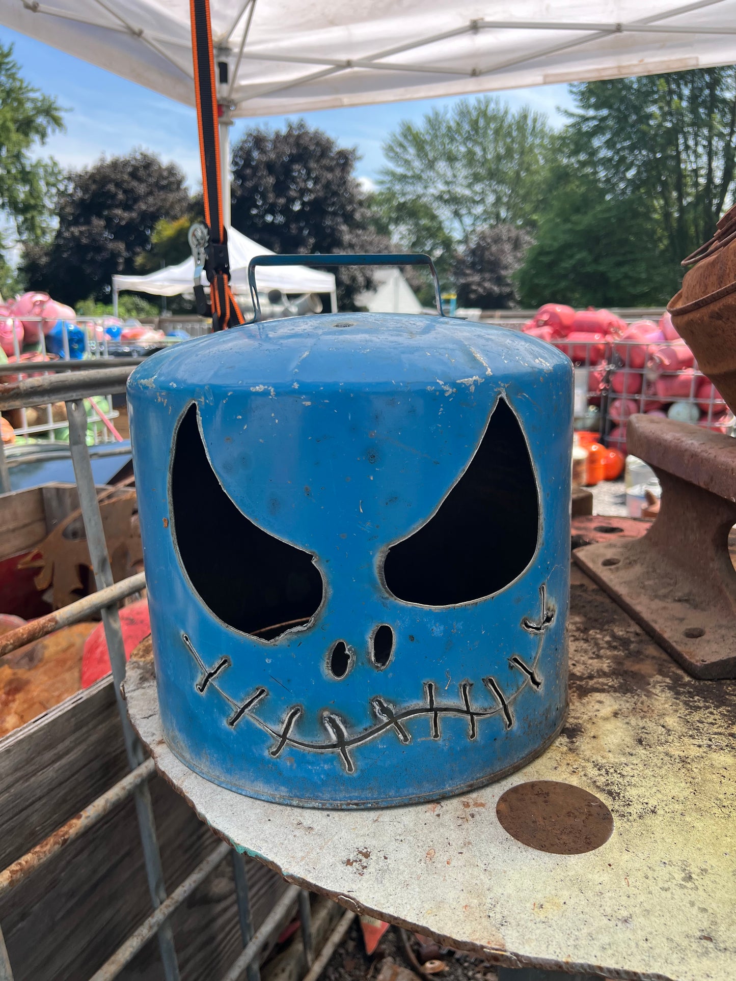 Vintage blue Jack-o-lantern skeleton kerosene can
