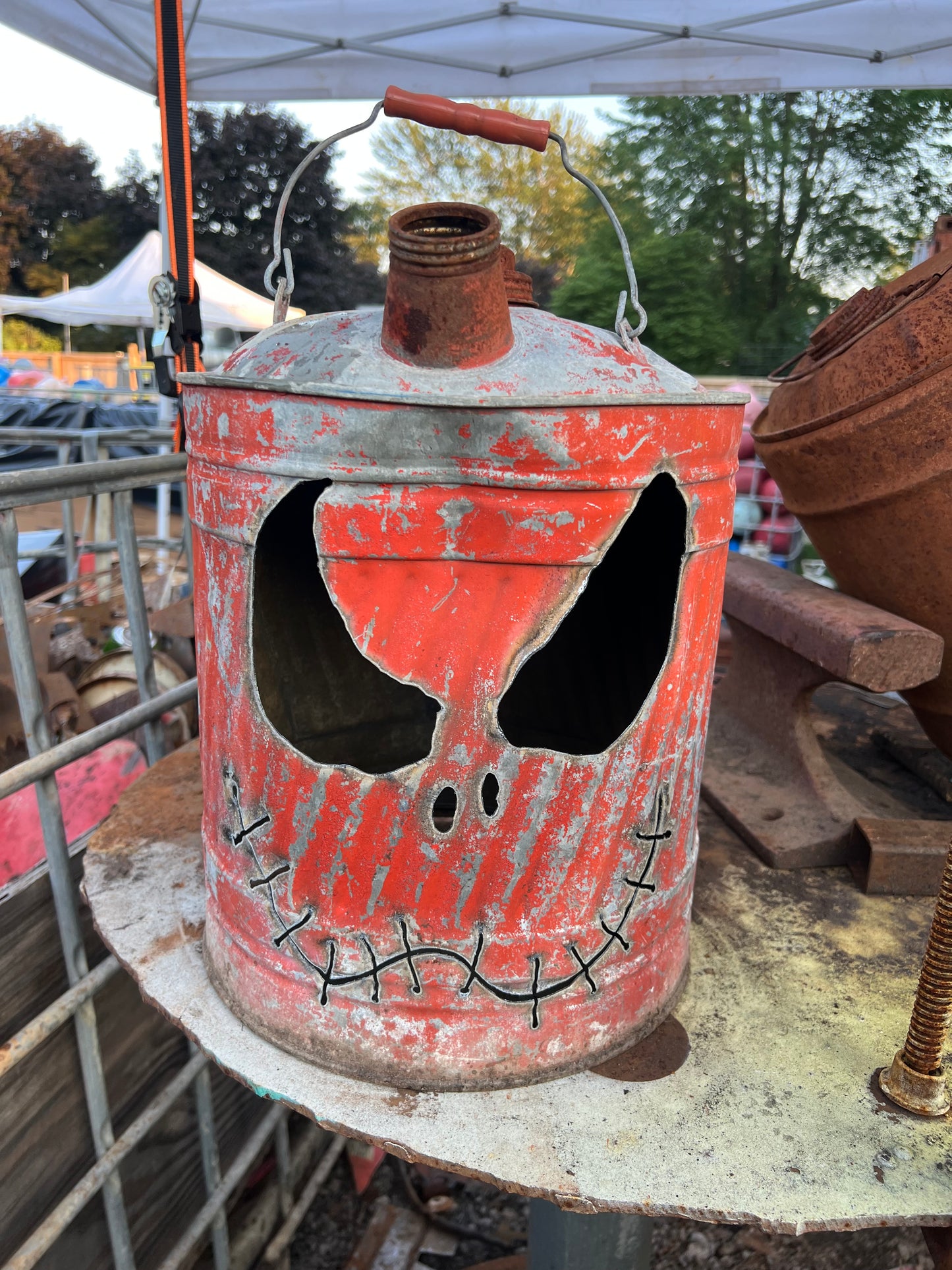 Vintage red gas can jack-o-lantern scary Jack skeleton