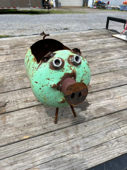 Pig planter sea foam green repurposed metal art (F)