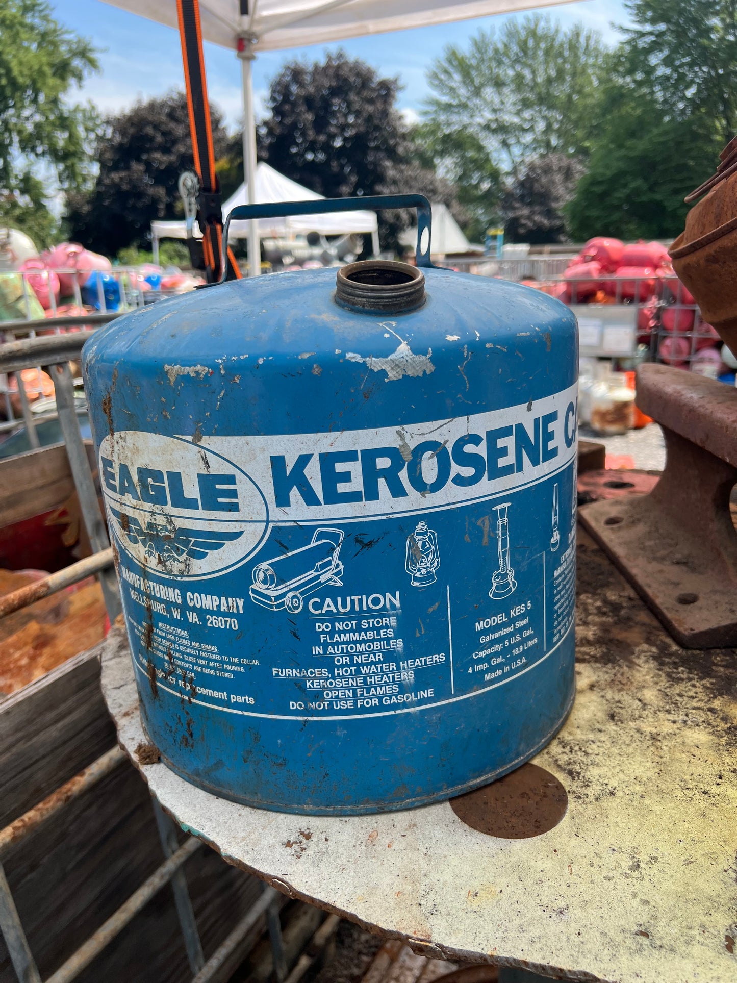 Vintage blue Jack-o-lantern skeleton kerosene can