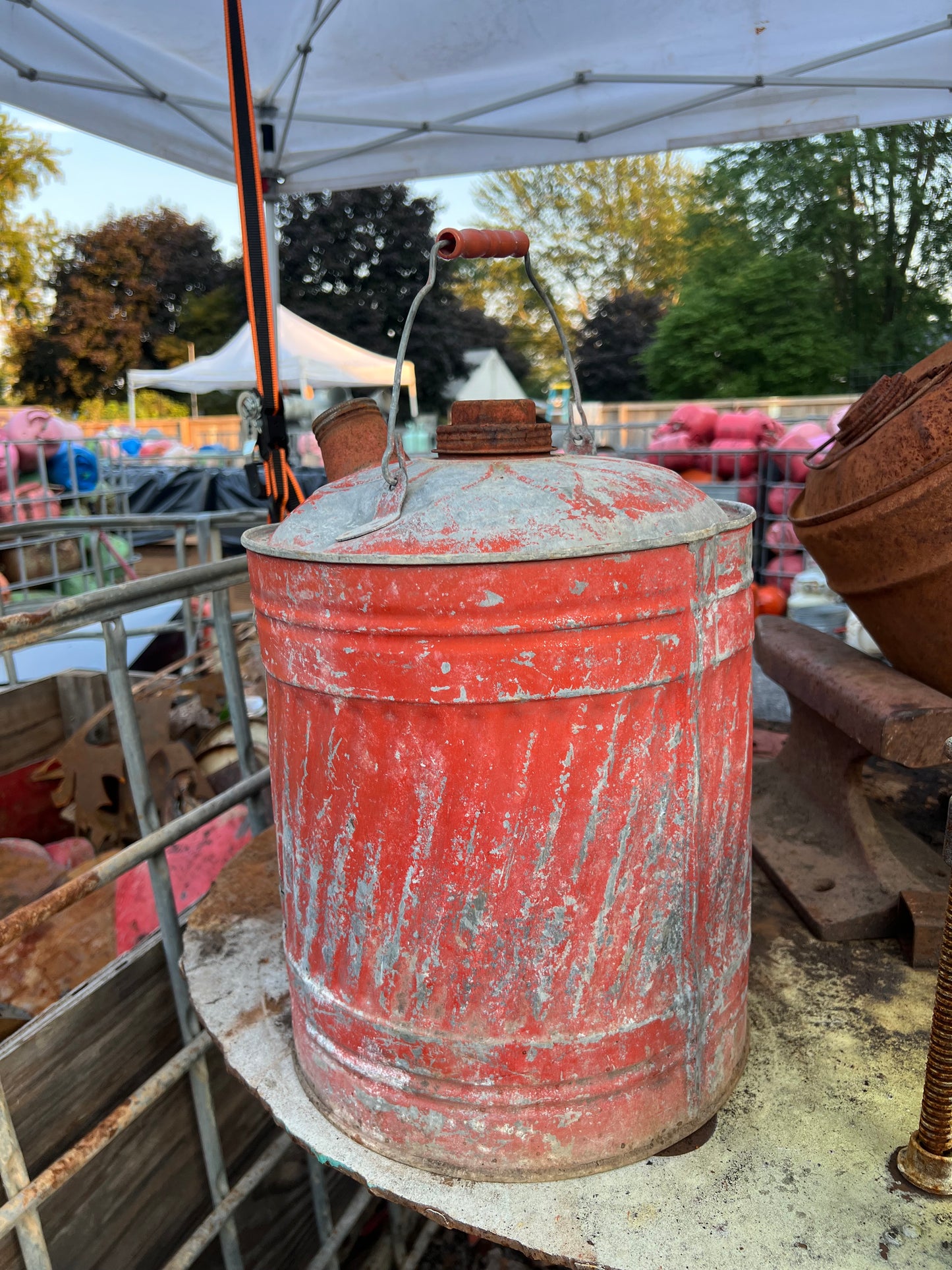 Vintage red gas can jack-o-lantern scary Jack skeleton