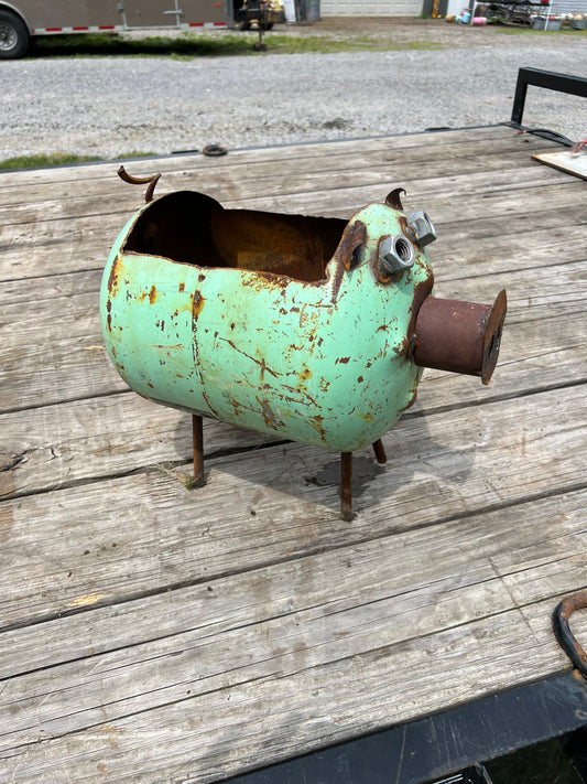 Pig planter sea foam green repurposed metal art (F)