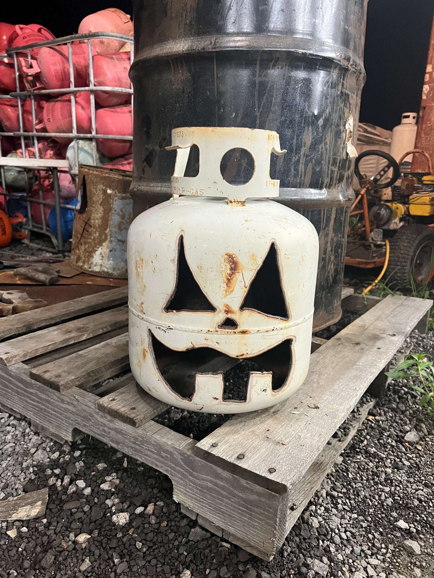 Hand cut 20 lb grill size propane Jack-o-lantern
